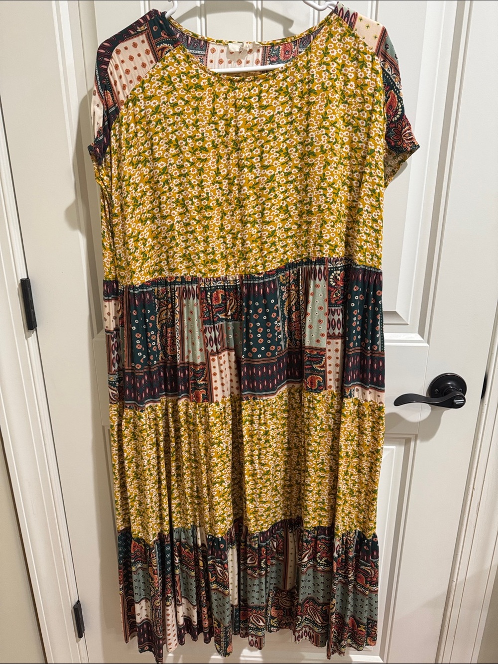 Easel Boho Patchwork Tiered Dress in Mustard Yellow